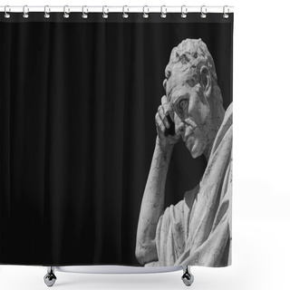 Personality  Man Statue In The Act Of Thinking Against Blue Sky. Ancient Roman Julian The Jurist Statue Made At The End Of 19th Century In Front Of The Old Palace Of Justice In Rome (Black And White With Copy Space) Shower Curtains