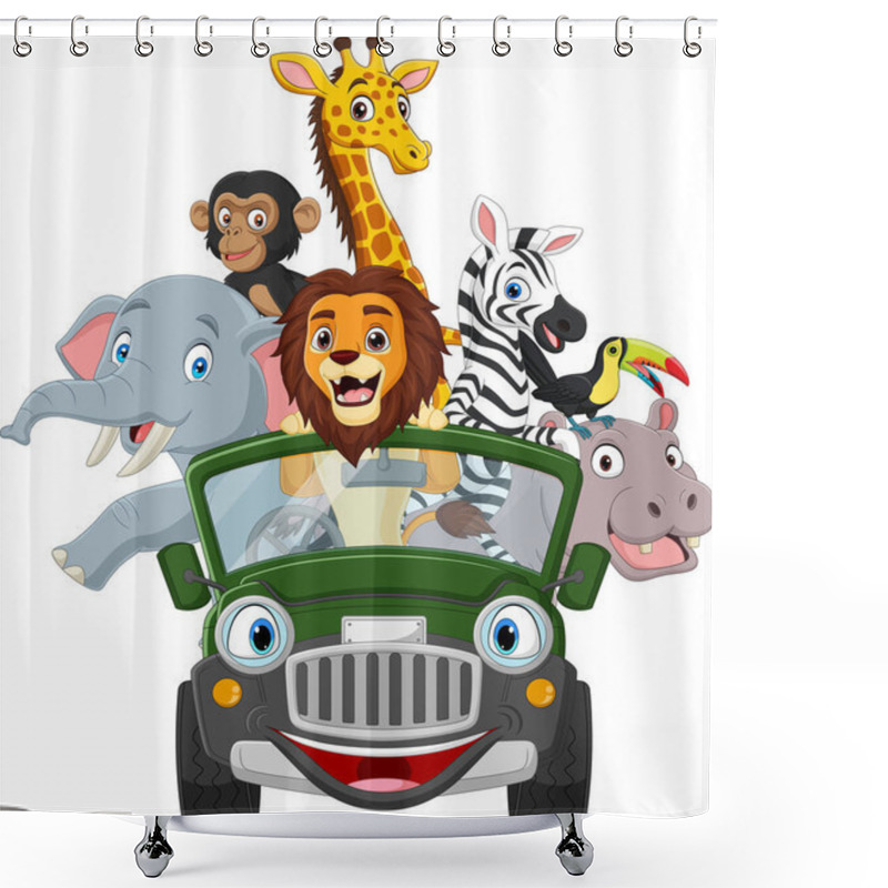 Personality  Vector illustration of Cartoon wild animals riding a green car shower curtains