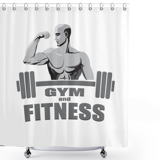 Personality  Fitness Gym Logo Mockup Bodybuilder Showing Biceps Isolated On White Background Shower Curtains