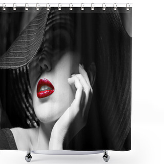 Personality  Mysterious Woman In Black Hat. Red Lips Shower Curtains