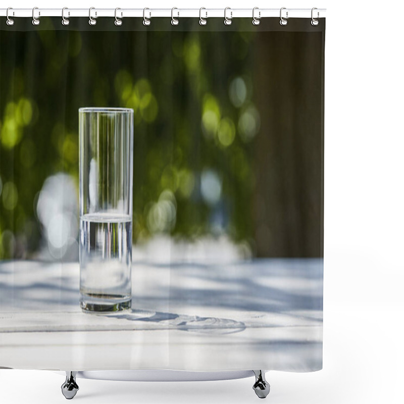 Personality  Fresh Clean Water In Transparent Glass At Sunny Day Outside On Wooden Table Shower Curtains