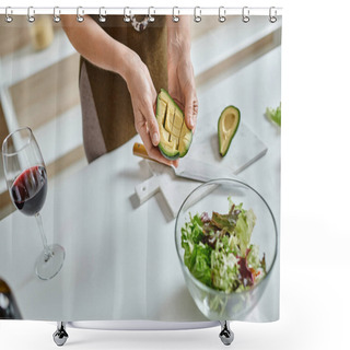 Personality  Close Up Of Cropped Woman Holding Sliced Avocado Near Lettuce In Bowl And Glass Of Red Wine Shower Curtains