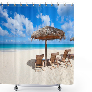 Personality  Chairs And Umbrella On Tropical Beach Shower Curtains