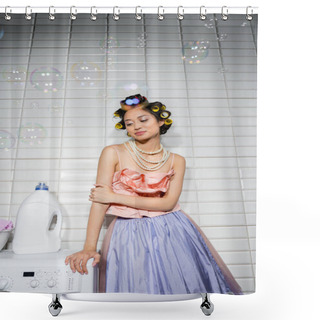 Personality  Pretty Asian Young Woman With Hair Curlers Standing In Ruffled Top, Pearl Necklace And Tulle Skirt Near Modern Washing Machine With Detergent In Laundry Room, Housewife, Looking Away, Soap Bubbles Shower Curtains