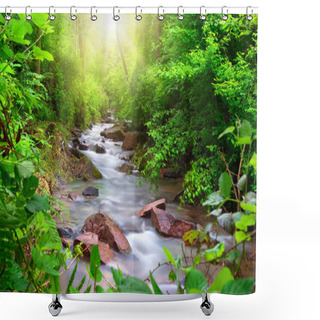 Personality  Beautiful Stream Flowing Through A Green Forest, Framed By Vibrant Foliage, With Sun Rays Illuminating The Scene From Above Shower Curtains