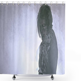 Personality  Scary Zombie Man Posing Against Misty Background With Backlight Shower Curtains