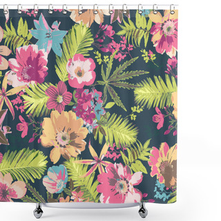 Personality  Tropical Flower Pattern On Blue Background Shower Curtains