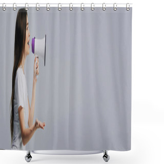 Personality  Young Pretty Woman Speaking In Loudspeaker Isolated On Grey, Panoramic Shot Shower Curtains