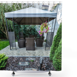 Personality  Vertical View Of Beauty Garden With Wicker Furniture Shower Curtains