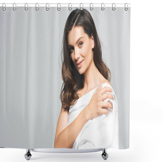 Personality  Portrait Of Smiling Brunette Woman With Perfect Skin, Isolated On Grey Shower Curtains