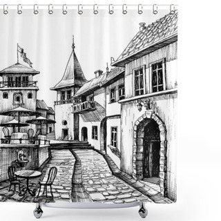 Personality  Old Peaceful City Drawing, Restaurant Terrace Sketch  Shower Curtains
