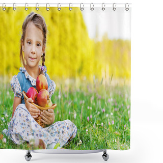 Personality  Little Girl Sitting On Grass With Basket Of Apples Shower Curtains