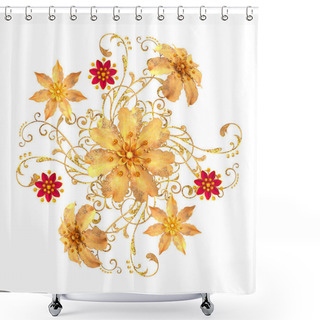 Personality  3d Rendering. Golden Stylized Flowers, Delicate Shiny Curls, Paisley Element. Decorative Corner, Pattern. Isolated On White Background. Shower Curtains