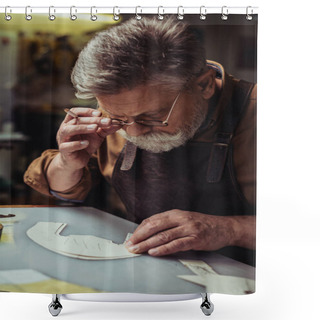 Personality  Attentive Shoemaker Touching Glasses While Looking At Template In Workshop Shower Curtains