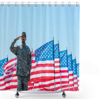 Personality  Man In Military Uniform Giving Salute Near American Flags With Stars And Stripes  Shower Curtains