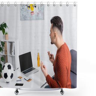 Personality  Gambler With Crossed Fingers Near Laptop With Blank Screen, Credit Cards And Soccer Ball Shower Curtains
