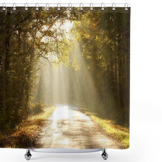 Personality  Road Through Autumn Forest At Sunrise Shower Curtains