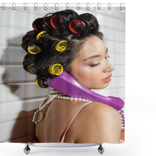Personality  Fashionable And Asian Young Woman With Hair Curlers And Pearl Necklace Talking On Purple Retro Phone Near White Tiles, Housewife, Retro Fashion, Vintage-inspired  Shower Curtains