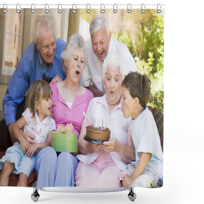 Personality  Grandparents And Grandchildren On Patio With Cake And Gift Smili Shower Curtains