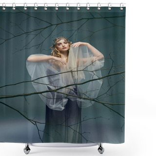 Personality  A Young Woman In A White Dress, Embodying A Fairy Princess Or Elf, Stands Regally Next To A Majestic Tree In A Studio Setting. Shower Curtains