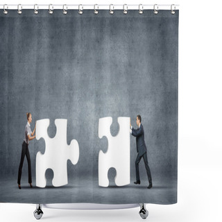 Personality  Team Of Business Collaborate Holding Up Jigsaw Puzzle Pieces As A Solution To A Problem Shower Curtains