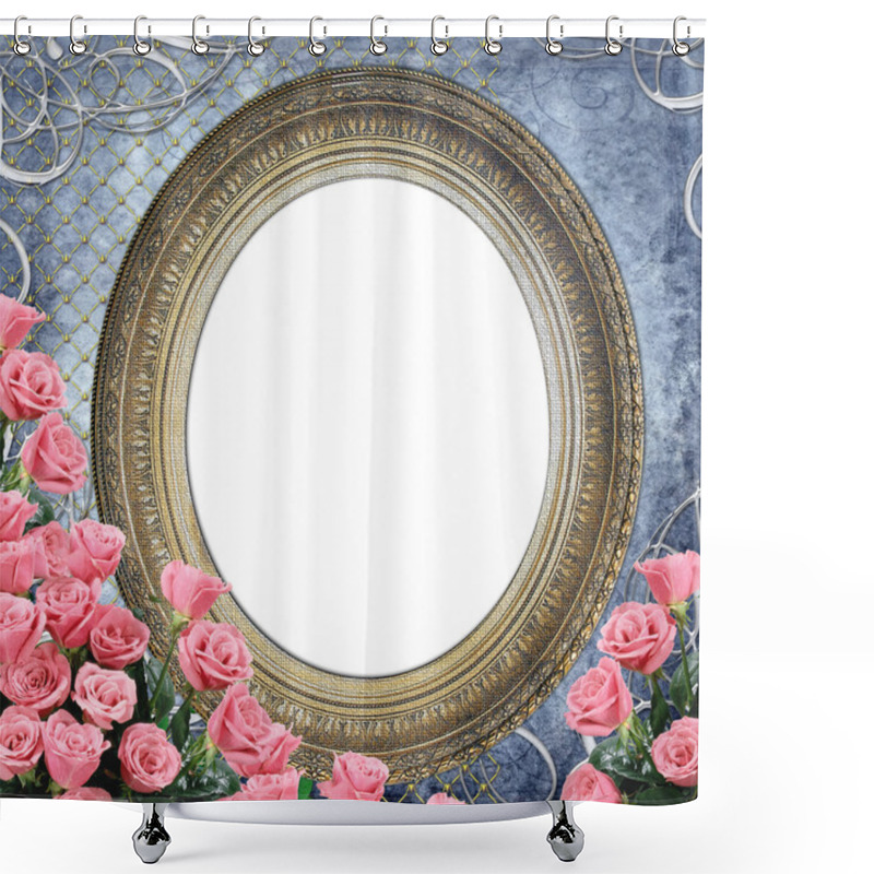 Personality  Vintage Frame For Photo With Roses On Grunge Blue Backgruond Shower Curtains