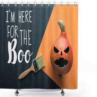 Personality  Top View Of Halloween Pumpkin Near Paintbrush On Black And Orange Background With I Am Here For The Boo Illustration Shower Curtains