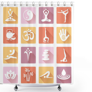 Personality  Spa Yoga  Massage  Icons With Long Shadow.Set Of Colorful Web Icons With Healthy Lifestyle Symbols.Isolated On White Background.  Vector Available. Shower Curtains