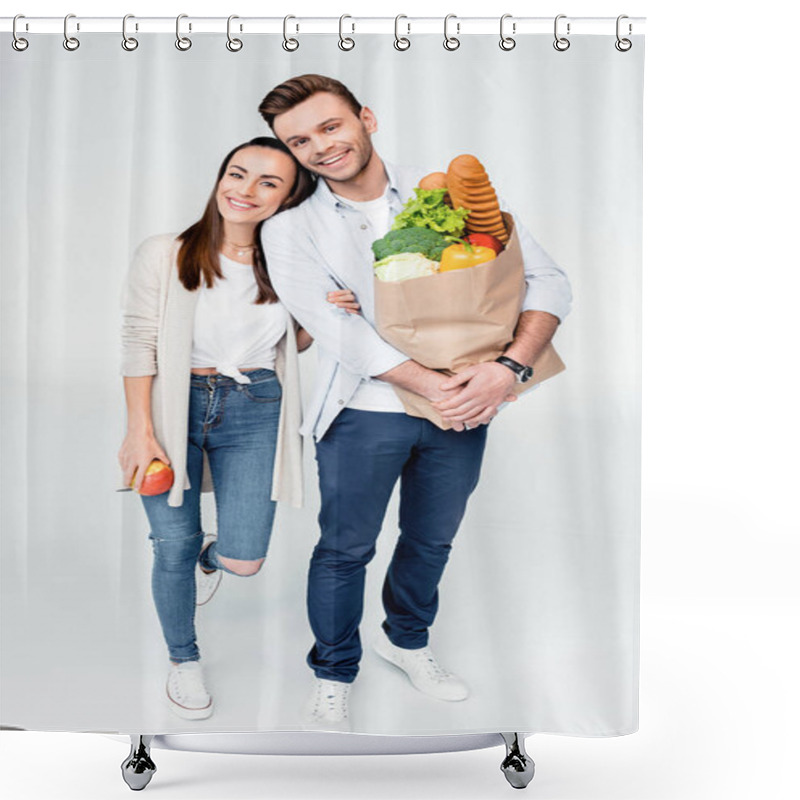 Personality  Young Couple With Grocery Bag Shower Curtains