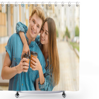Personality  Attractive Brunette Embraces Blond Guy Shower Curtains