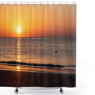 Personality  Wild Dunes Resort, South Carolina, USA - April 5, 2021. An Early Morning Golden Sunrise Over The Ocean With A Pelican Flying By. Shower Curtains
