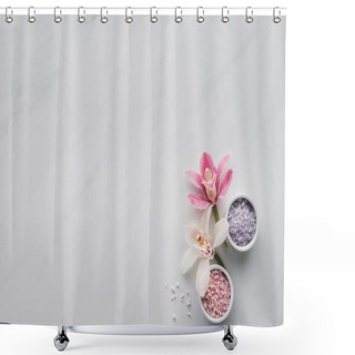 Personality  Top View Of Beautiful Orchid Flowers And Sea Salt In Bowls On White Background Shower Curtains