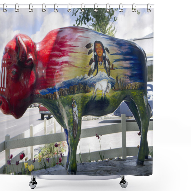 Personality  Painted buffalo staue in Jackson Hole Wyoming USA shower curtains