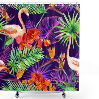 Personality  Tropical Exotic Leaves, Orchid Flowers, Neon Light. Seamless Pattern. Watercolor Shower Curtains