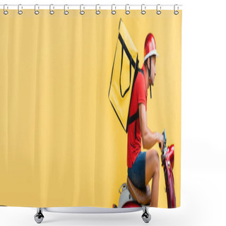 Personality  Side View Of Delivery Man With Backpack Riding Red Scooter On Yellow, Banner Shower Curtains