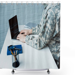 Personality  Cropped View Of Military Man Using Laptop With Blank Screen  Shower Curtains