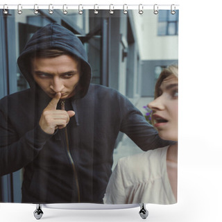 Personality  Criminal Man Attacking Scared Woman And Showing Silence Symbol Shower Curtains