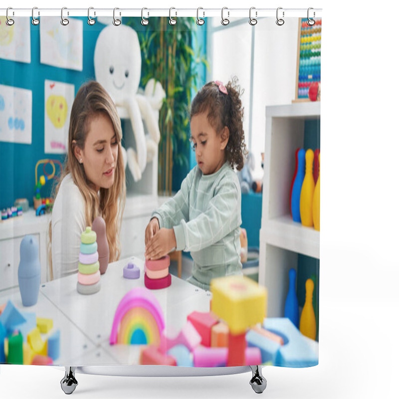 Personality  Teacher And Toddler Playing With Toys Sitting On Table At Kindergarten Shower Curtains