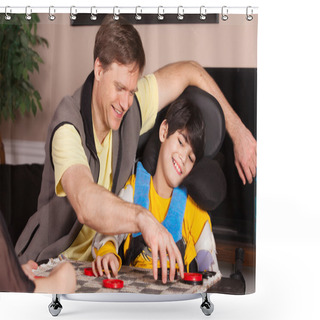 Personality  Disabled Boy In Wheelchair Playing Checkers With Father At Home Shower Curtains