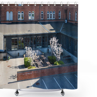 Personality  High Angle View Of Cozy Yard With Benches And Blossoming Trees, Copenhagen, Denmark Shower Curtains