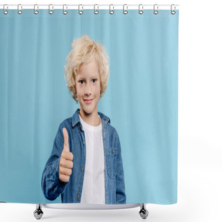 Personality  Smiling And Cute Kid Looking At Camera And Showing Like Isolated On Blue  Shower Curtains