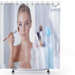 Personality  A Picture Of A Young Woman Applying Face Powder In The Bathroom Shower Curtains