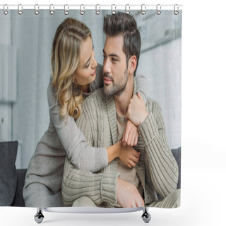 Personality  Attractive Young Woman Embracing Her Boyfriend On Couch At Home Shower Curtains