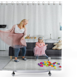 Personality  Happy Woman And Girl In Tulle Skirts And Toy Crowns Dancing In Kitchen Shower Curtains