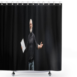 Personality  Grey Haired Tattooed Man In Black Turtleneck Holding Screenplay While Rehearsing In Theater, Banner. Translation Of Tattoo: Kanji, Danger Shower Curtains