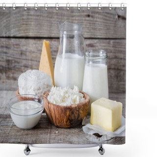 Personality  Selection Of Dairy Products On Rustic Wood Background Shower Curtains