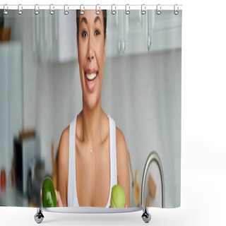 Personality  Banner Of African American Woman With Measuring Tape And Fruits Promoting Healthy Diet In Kitchen Shower Curtains