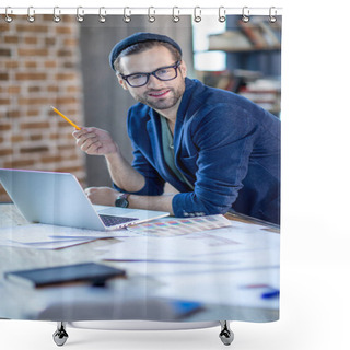 Personality  Smiling Businessman With Laptop Shower Curtains