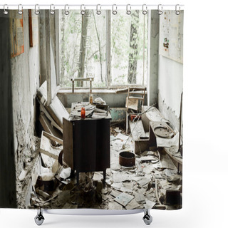 Personality  PRIPYAT, UKRAINE - AUGUST 15, 2019: Abandoned And Damaged Room With Papers And Documents On Floor  Shower Curtains