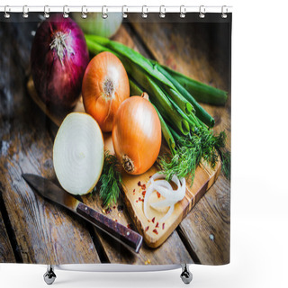 Personality  Colorful Onions And Garlic On Rustic Wooden Background Shower Curtains